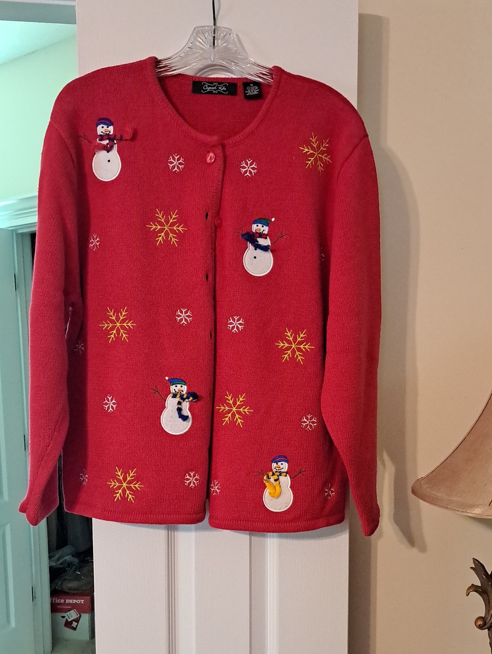 Red Snowman Embroidered Holiday Cardigan Sweater